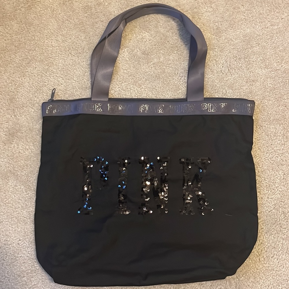 PINK Victoria’s Secret - NWOT - Black Sequin Tote Bag with Zipper